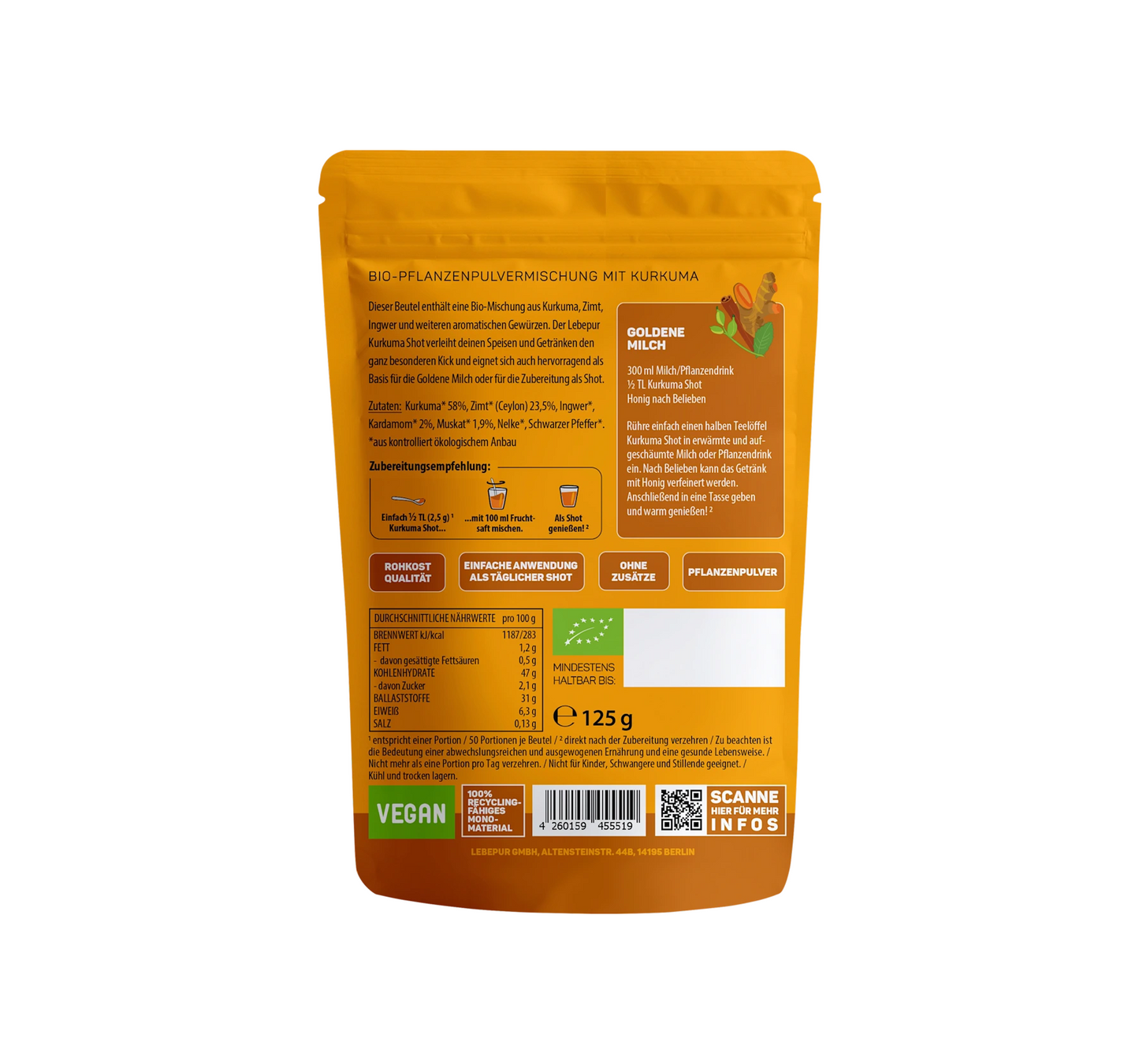 Pó para bebida, shot de cúrcuma, 125 g