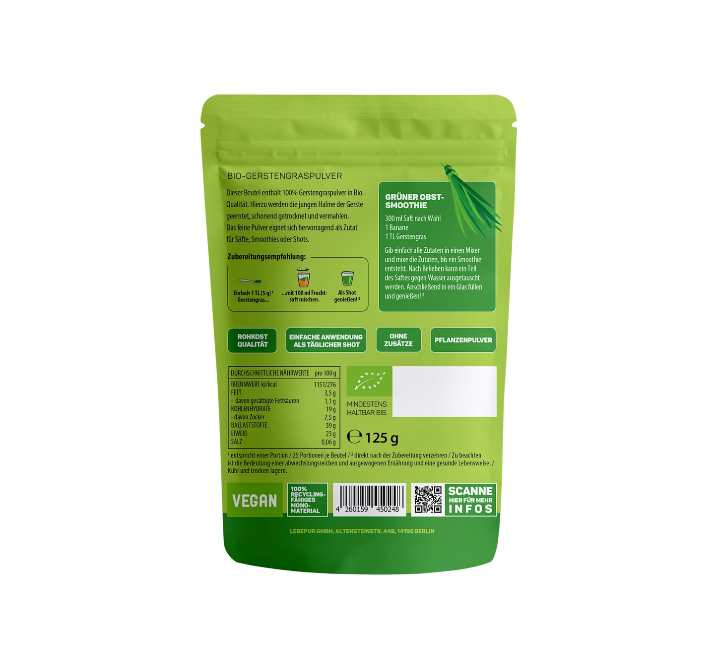 Drink powder, barley grass, 125 g