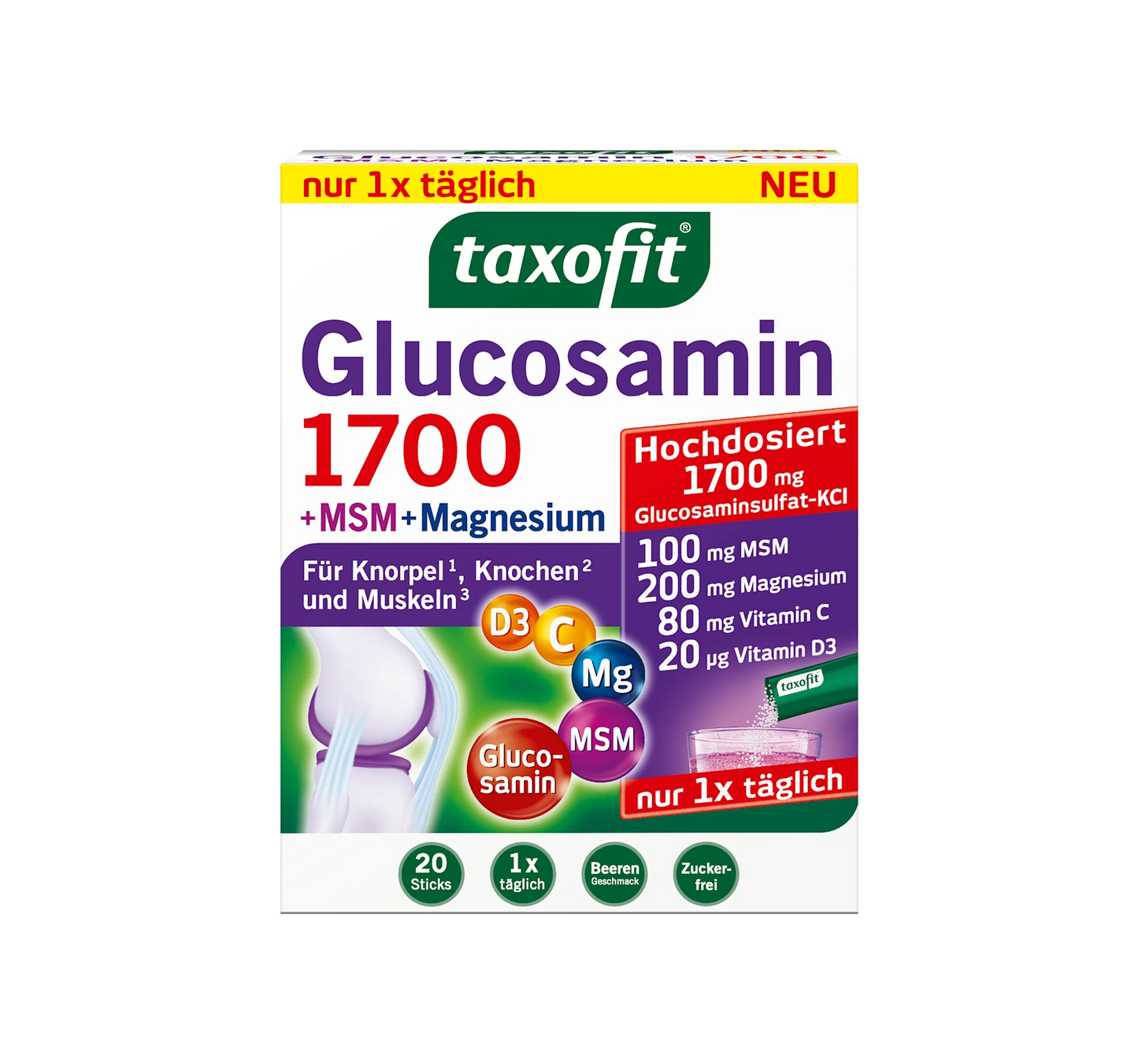 Glucosamina 1700 + MSM + Magnésio em Bastões 20 unidades, 80 g