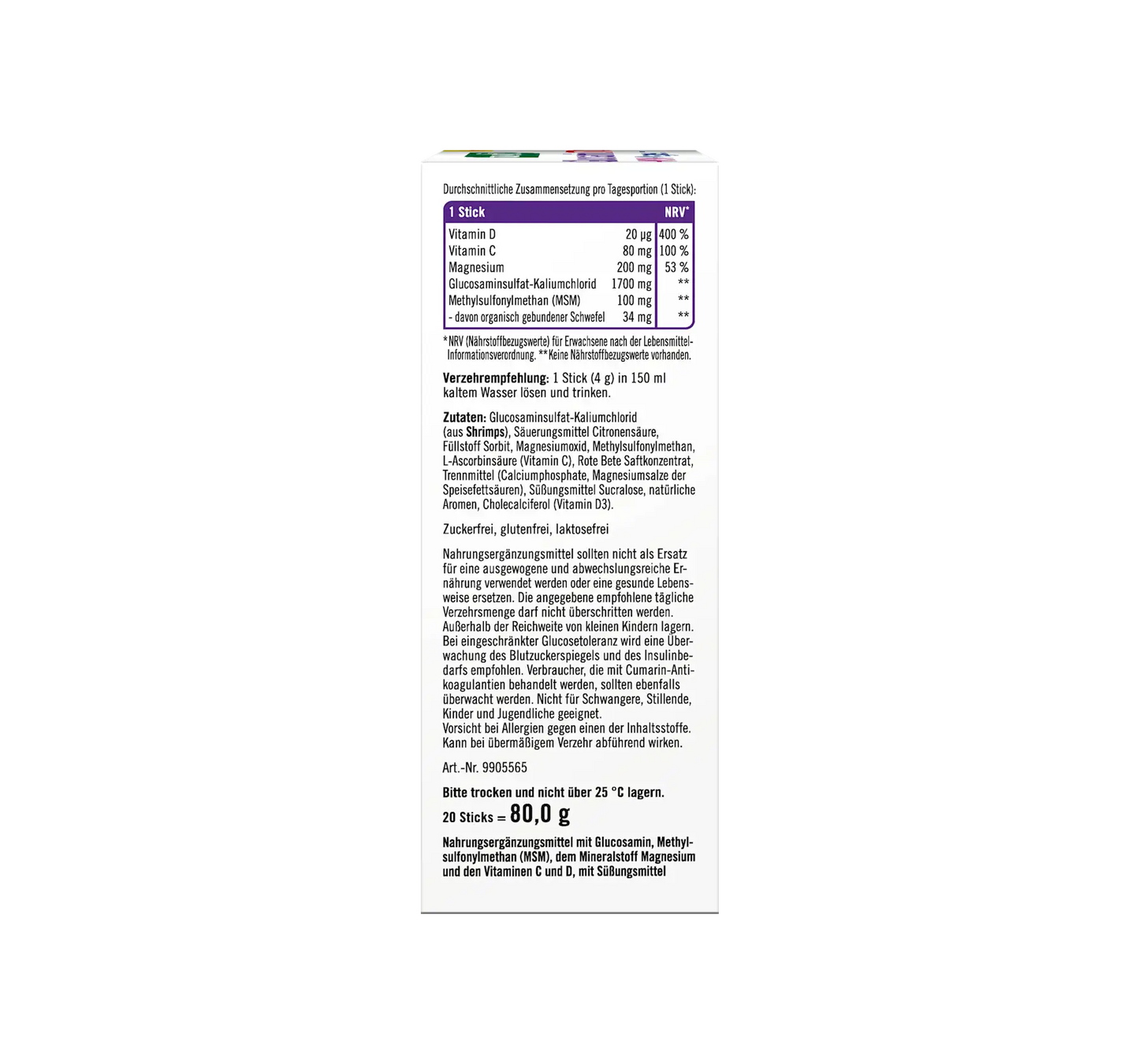 Glucosamina 1700 + MSM + Magnésio em Bastões 20 unidades, 80 g