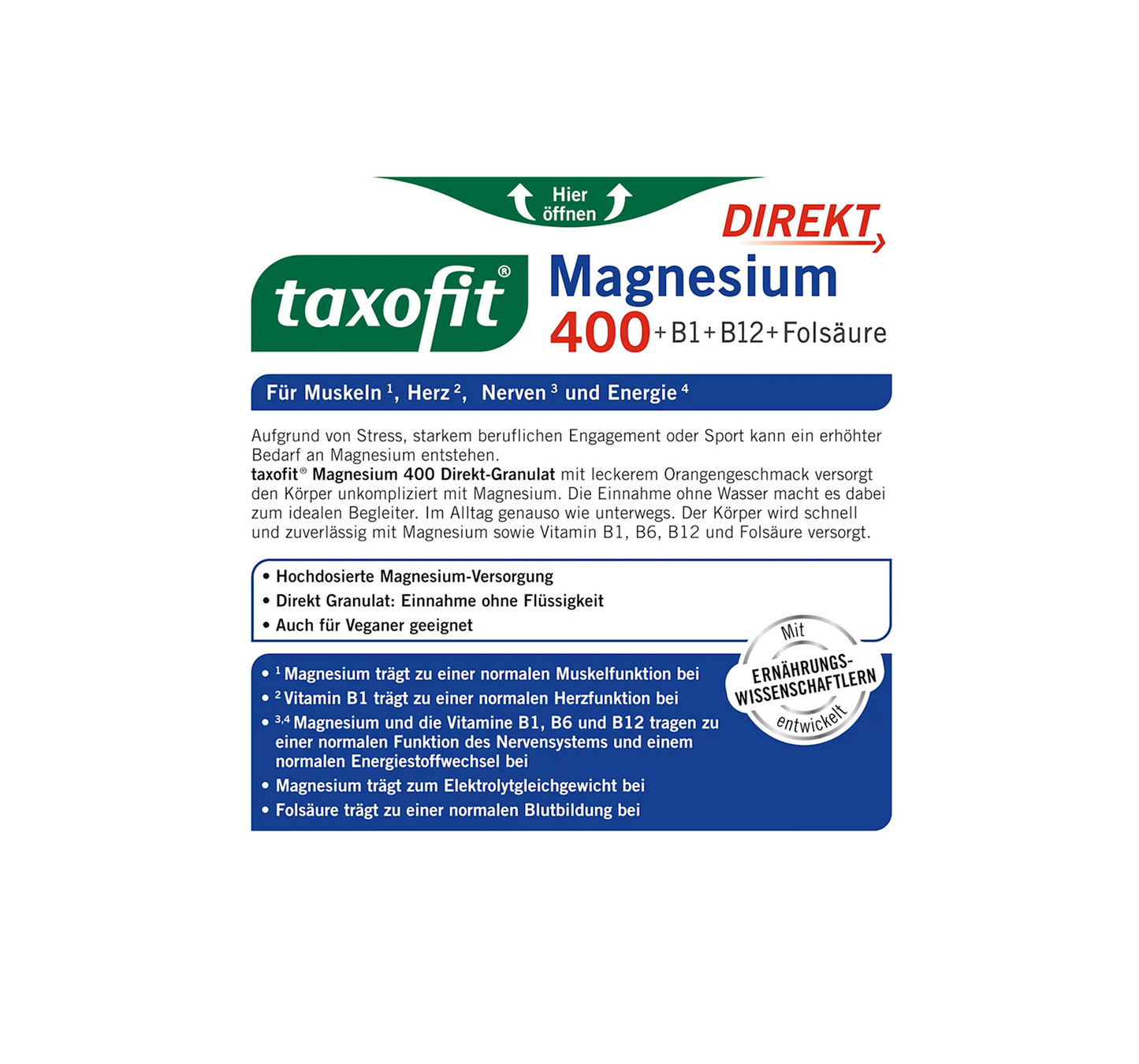 Magnis 400 + B1 + B6 + B12 + Folio rūgštis 800 Tiesioginės granulės 20 vnt., 40 g