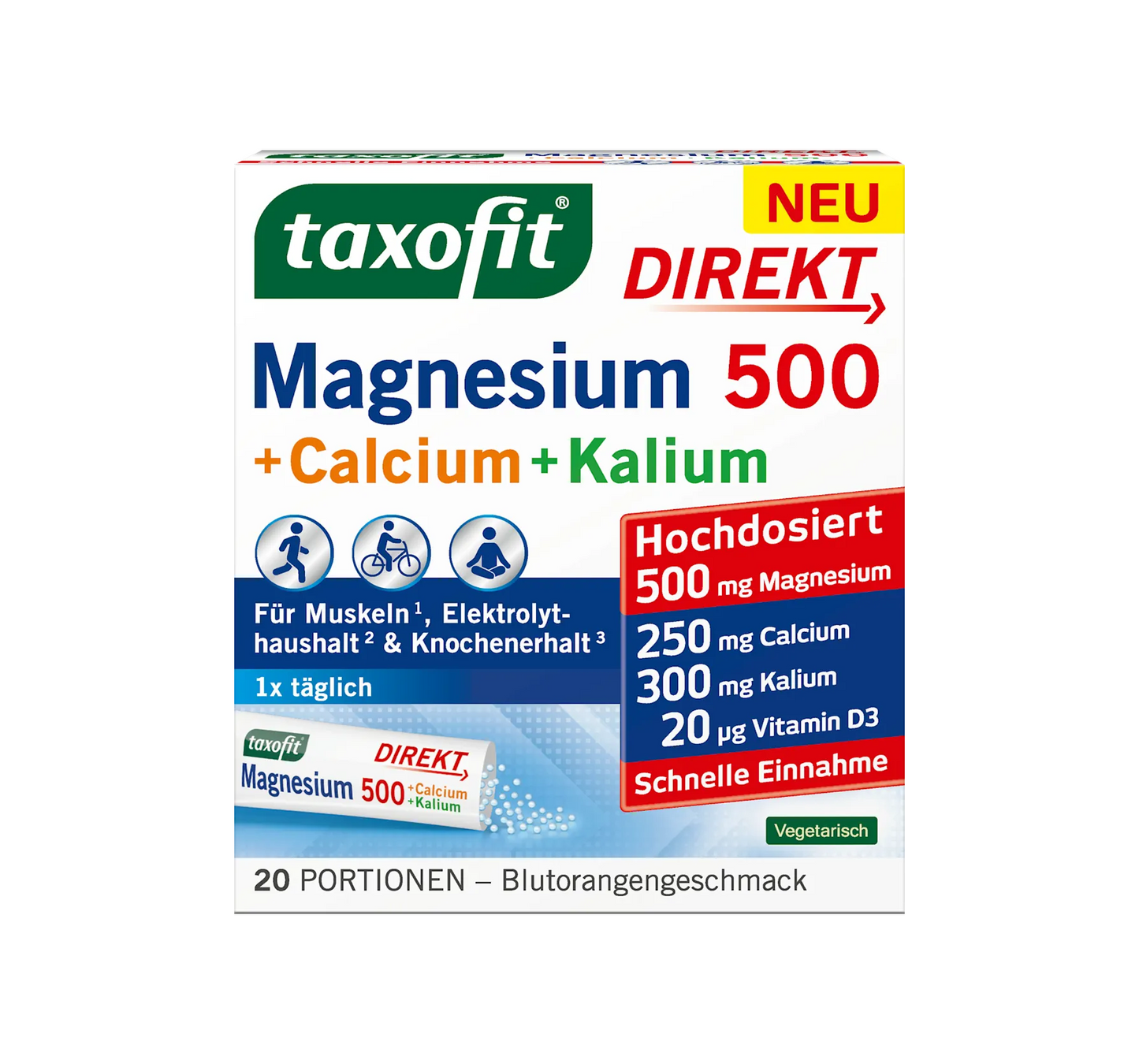 Magnesium 500 + Calcium & Potassium Direct Granules 20 vnt, 62 g