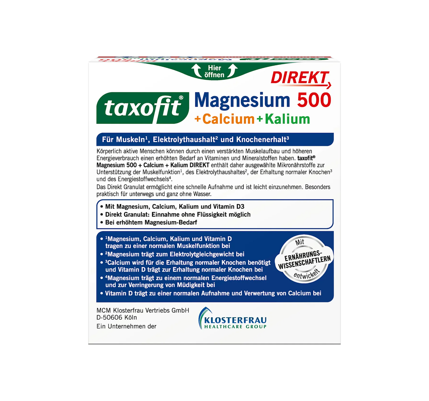 Magnesium 500 + Calcium & Potassium Direct Granules 20 vnt, 62 g