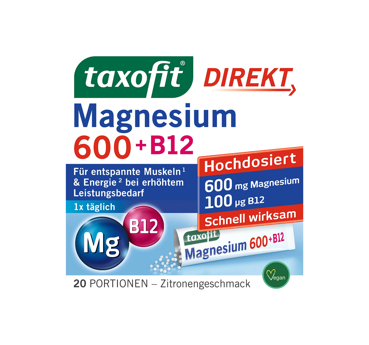 Magnésio 600 + B12 Direct Granulado 20 unidades, 40 g