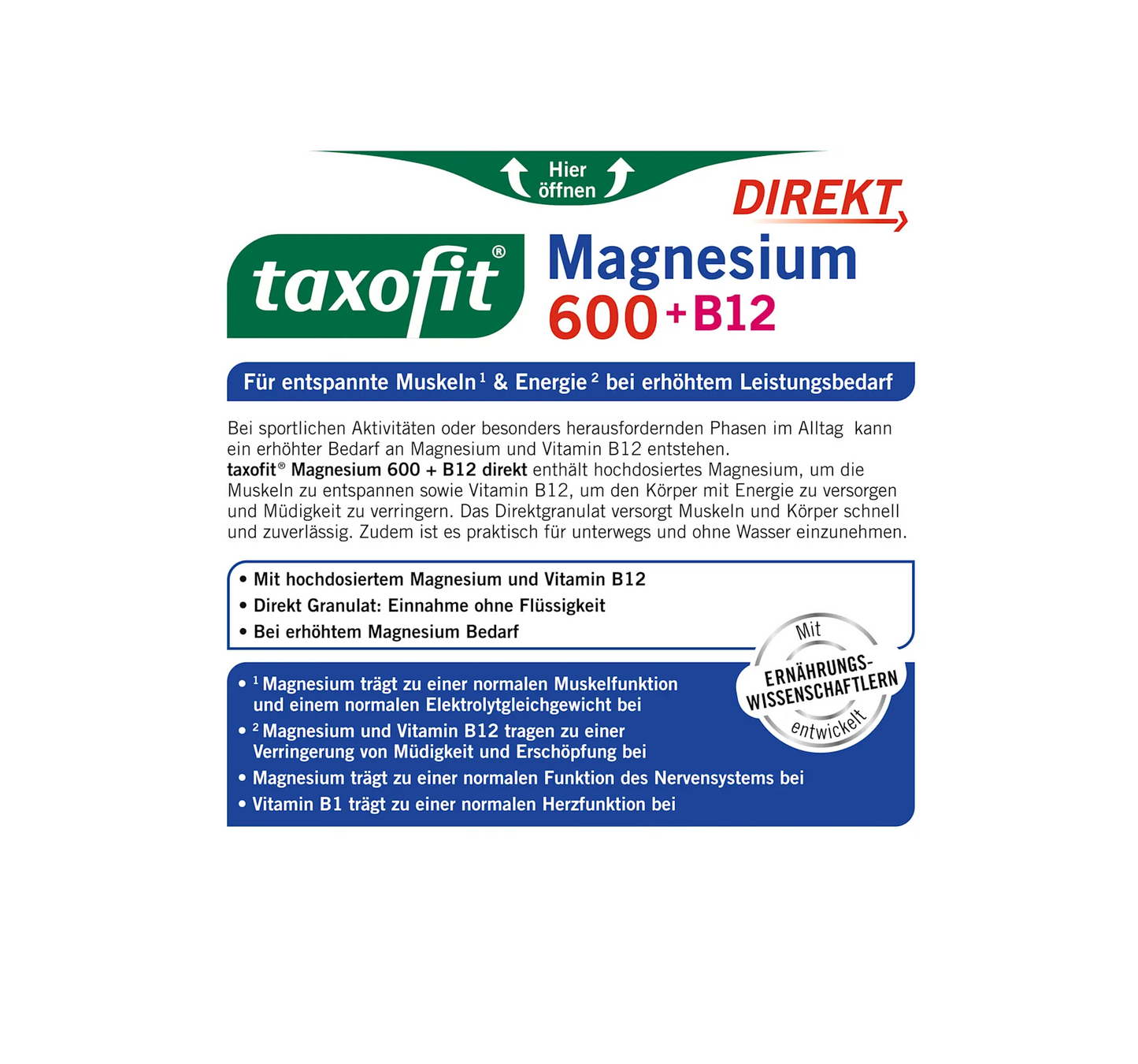 Magnésio 600 + B12 Direct Granulado 20 unidades, 40 g