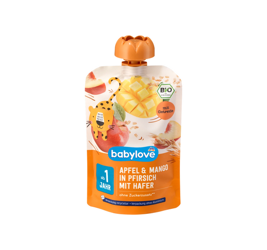 Squeeze Apple & Mango in Peach with Oats recyclable from 1 year, 100 g