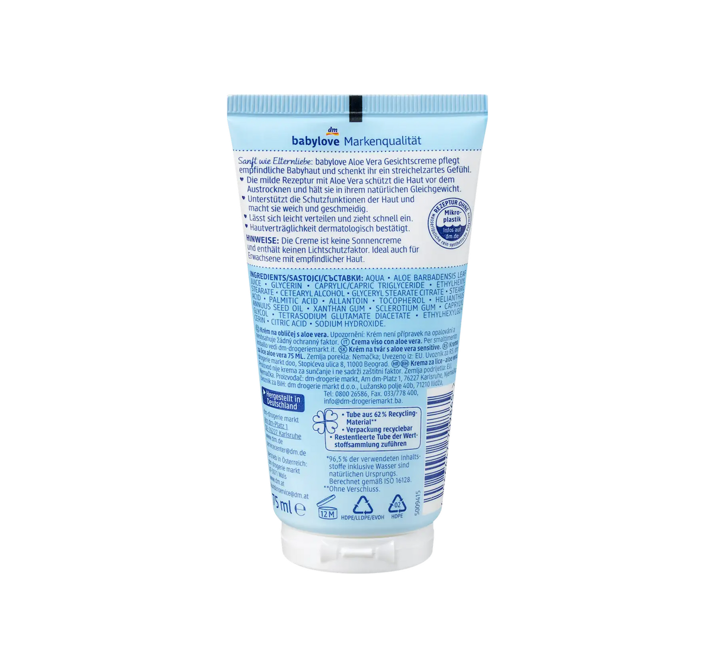 Aloë Vera gevoelige gezichtscrème, 75 ml