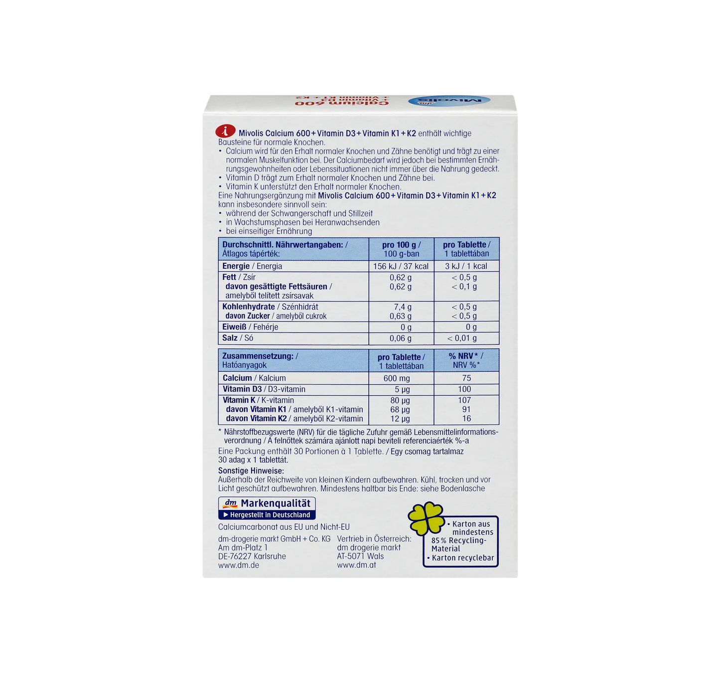 Calcium 600 + Vitamin D3 + K1 + K2, 30 pieces, 50 g