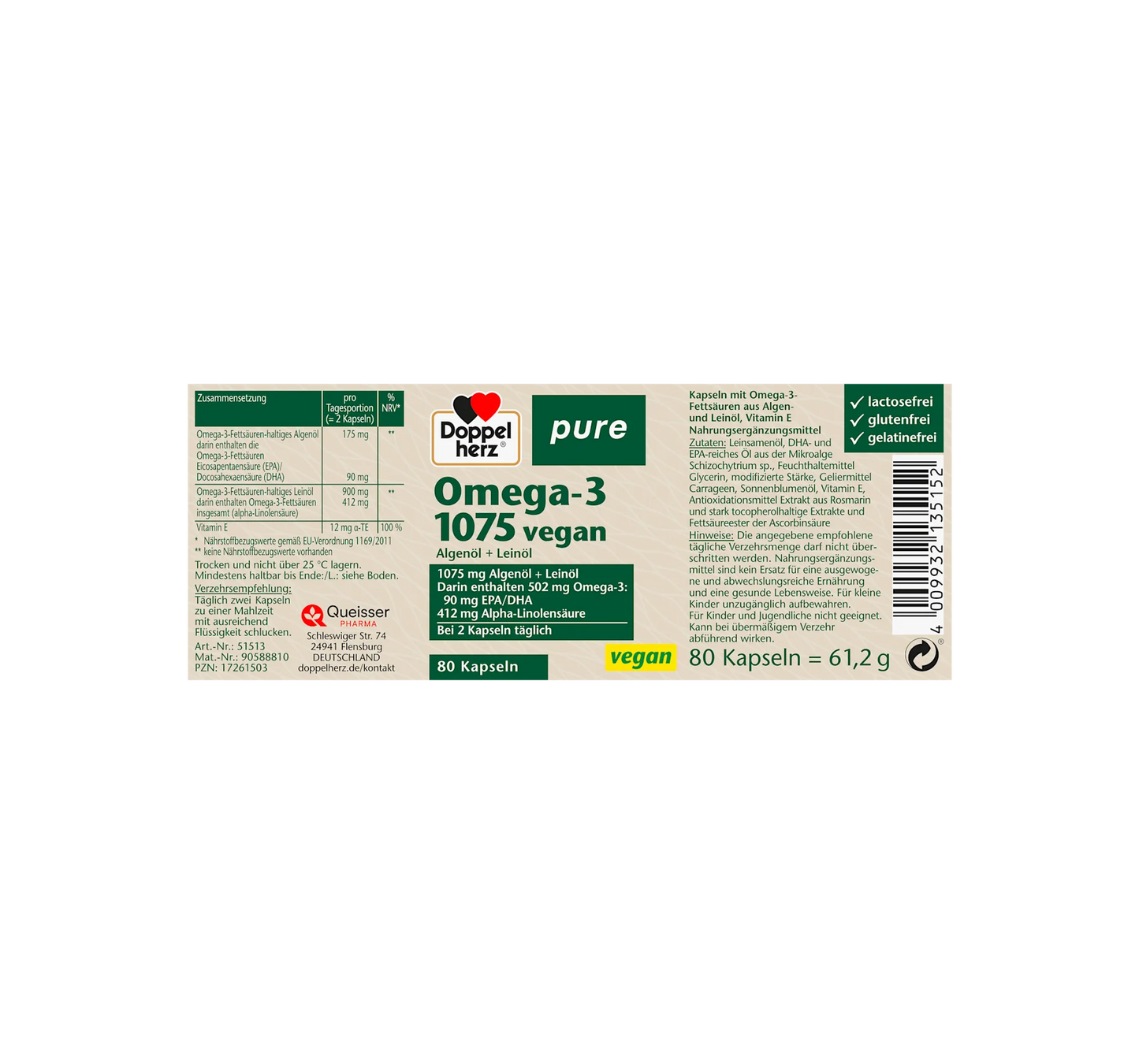 Omega-3 1075 veganska kapslar 80 stycken, 61,2 g